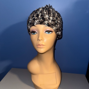 Black, White, Gray Handmade Crotchet Beanie with Pom Pom